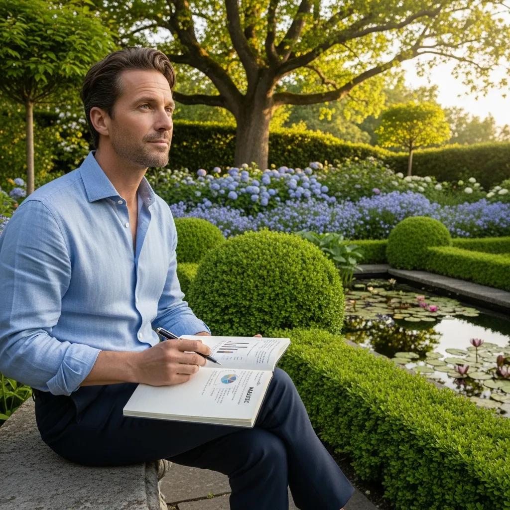 Individual contemplating investment options for wealth preservation in a serene garden