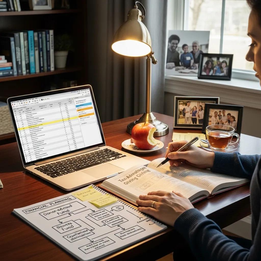 Individual planning charitable contributions with a laptop, notepad featuring financial planning strategies, and an apple in a warm, inviting home office setting.