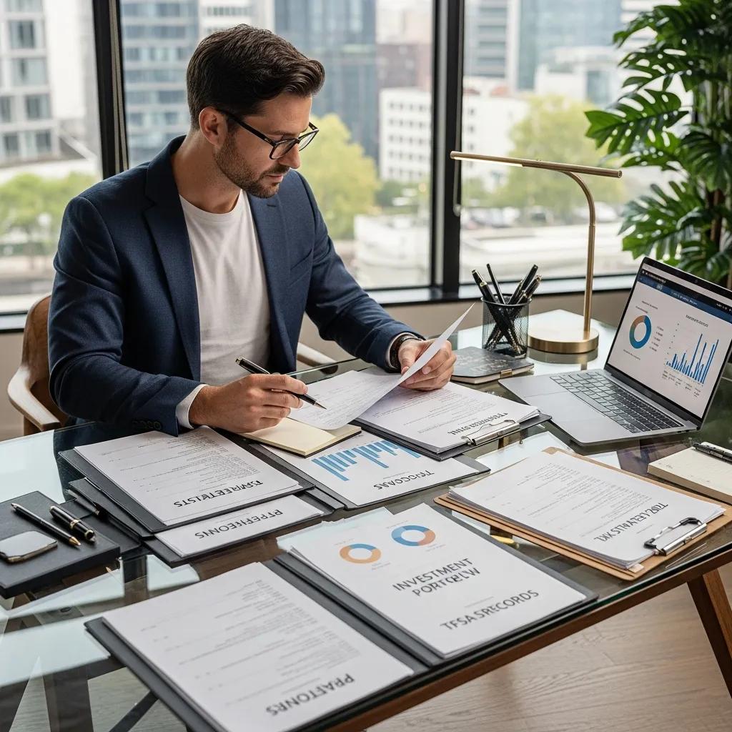 Man reviewing financial documents and tax strategies in a modern workspace, surrounded by investment portfolios and a laptop displaying graphs and charts.