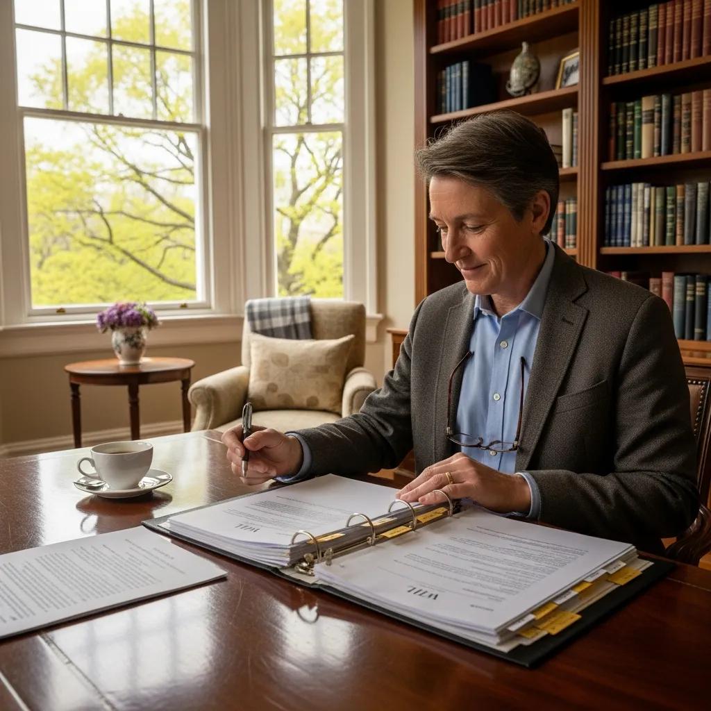 Individual reviewing estate documents and highlighting executor responsibilities in estate planning, with a focus on financial management and legal duties.