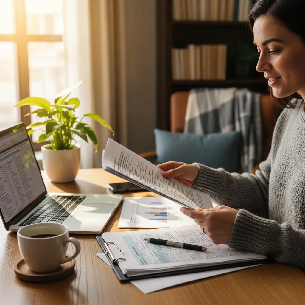 Individual reviewing financial documents related to charitable donations in a cozy home office, with a laptop displaying data, a coffee cup, and a potted plant, emphasizing tax-efficient philanthropy strategies.