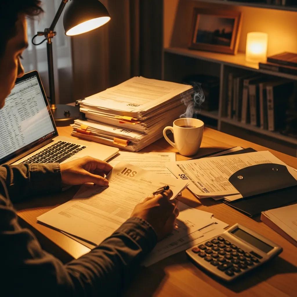 Individual reviewing IRS tax documents and financial statements in a cozy workspace, with a laptop, calculator, and a steaming cup of coffee, emphasizing tax optimization and wealth management strategies.