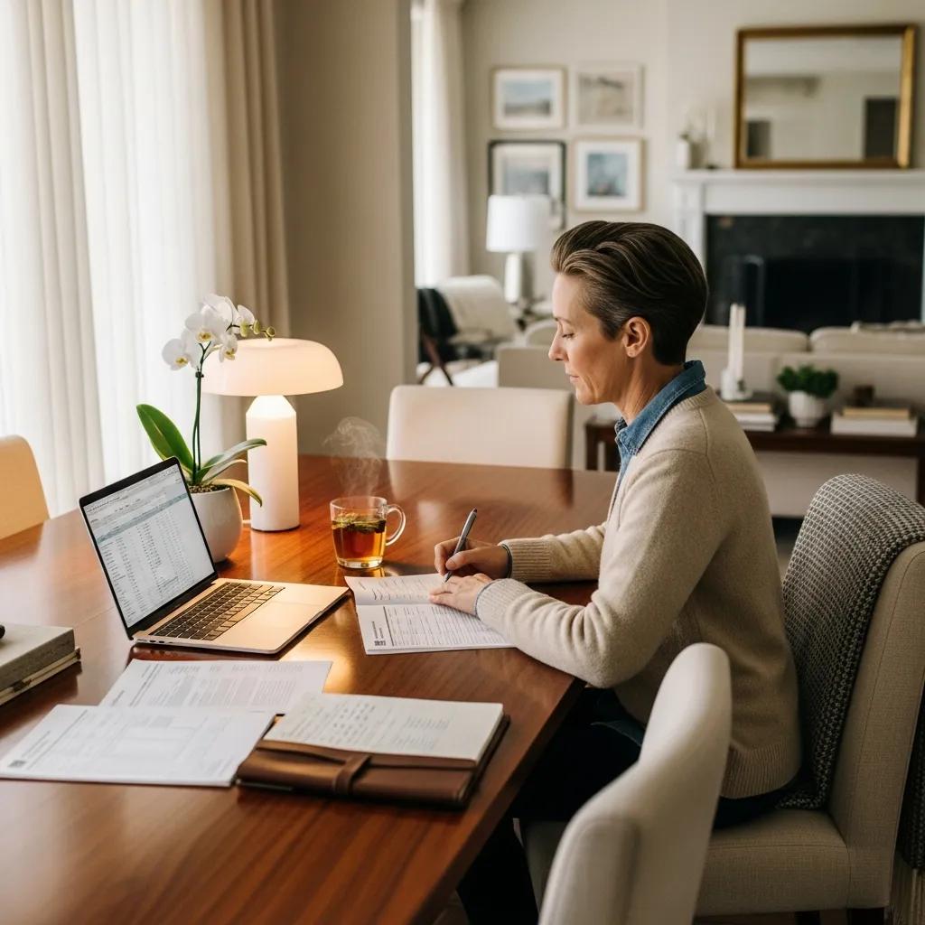 Individual reviewing tax documents at a cozy dining table, utilizing a laptop and notepad, emphasizing essential tax planning strategies for high earners in Ottawa.