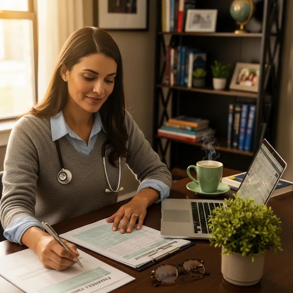 Medical professional reviewing financial documents in a cozy workspace
