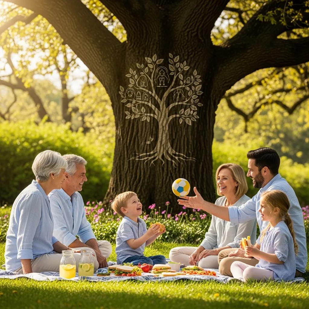 Multi-generational family gathering in a garden, enjoying a picnic and playing with a ball, symbolizing legacy and financial planning.