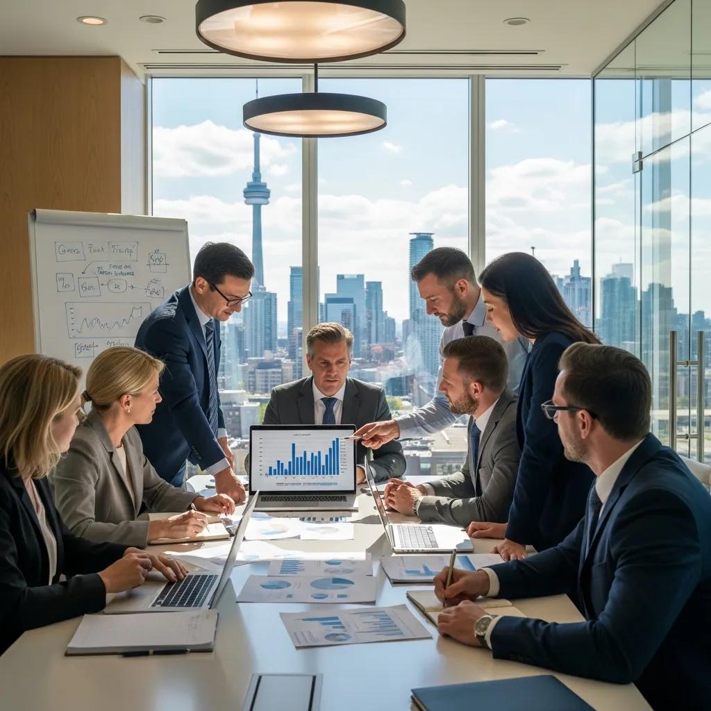 Executives collaborating on tax-efficient wealth management strategies in a modern conference room, with financial charts displayed on laptops and a city skyline in the background.
