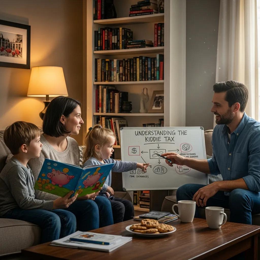Parents explaining the kiddie tax to children in a cozy living room, with a whiteboard illustrating financial concepts, books, and cookies on the table.