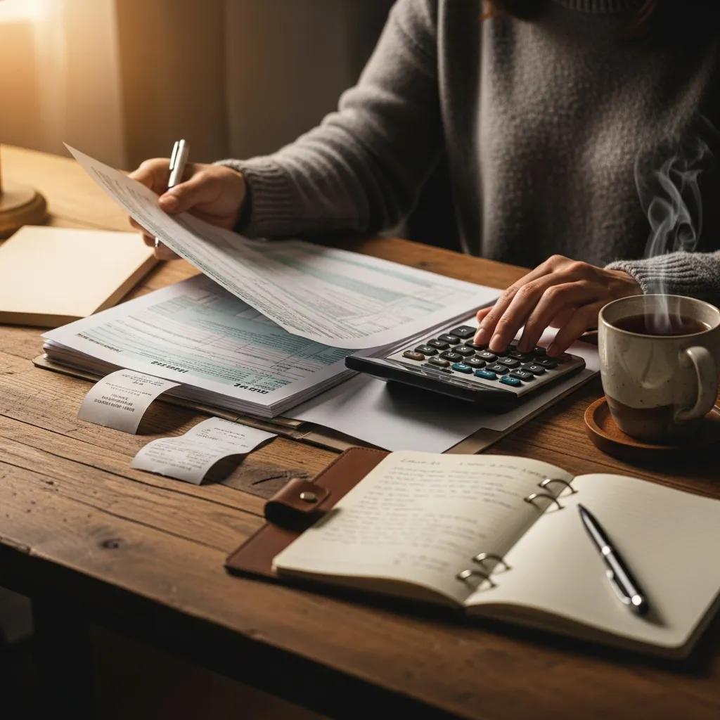 Person reviewing tax documents and financial statements with a calculator and a cup of tea on a wooden desk, illustrating tax planning and wealth management strategies for entrepreneurs.