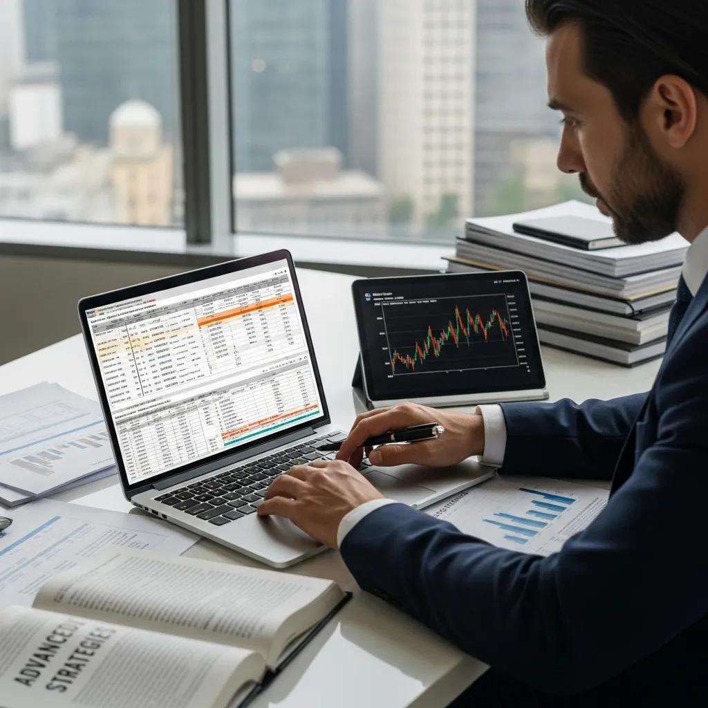 Professional analyzing corporate tax deferral strategies on laptop in modern office setting, with financial charts and documents indicating advanced tax planning for high-income earners in Ontario.