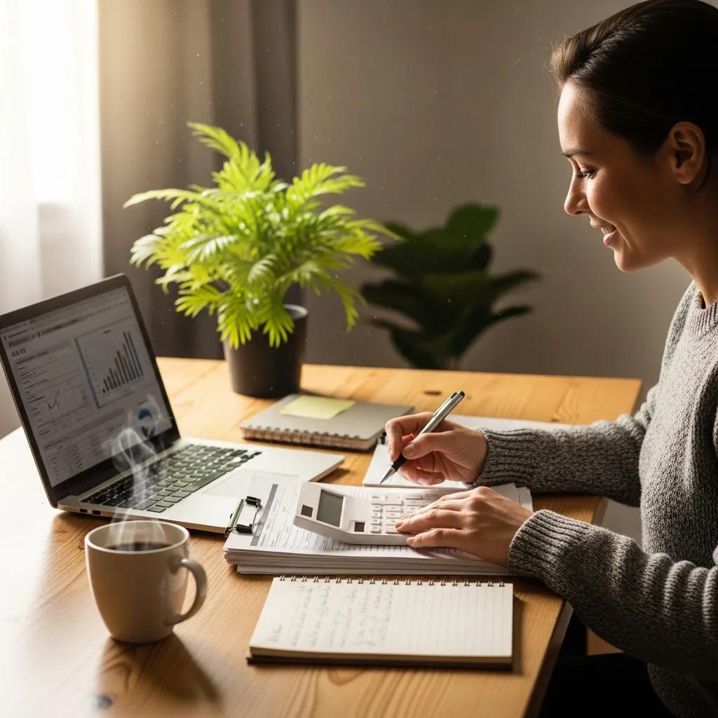 Woman analyzing tax documents with a calculator in a cozy workspace, surrounded by a laptop displaying financial data, notepads, and a steaming coffee cup, emphasizing personal income tax planning and optimization strategies.