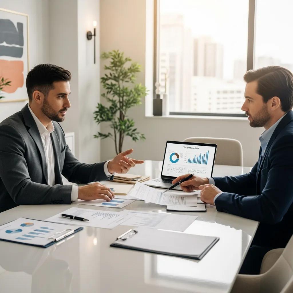 Two professionals engaged in a business consultation on tax optimization strategies, with financial documents and a laptop displaying graphs and charts in a modern office setting.