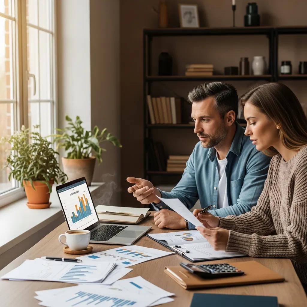 Professional couple engaging in private wealth management at home office