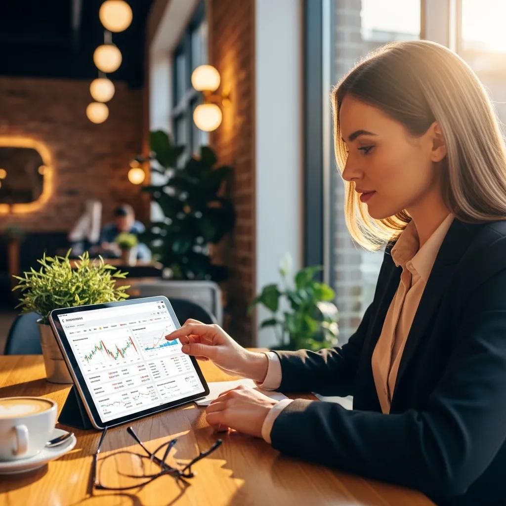 Professional woman analyzing investment options on a tablet in a stylish café setting, emphasizing wealth management and tax-efficient strategies for high earners in Brampton.