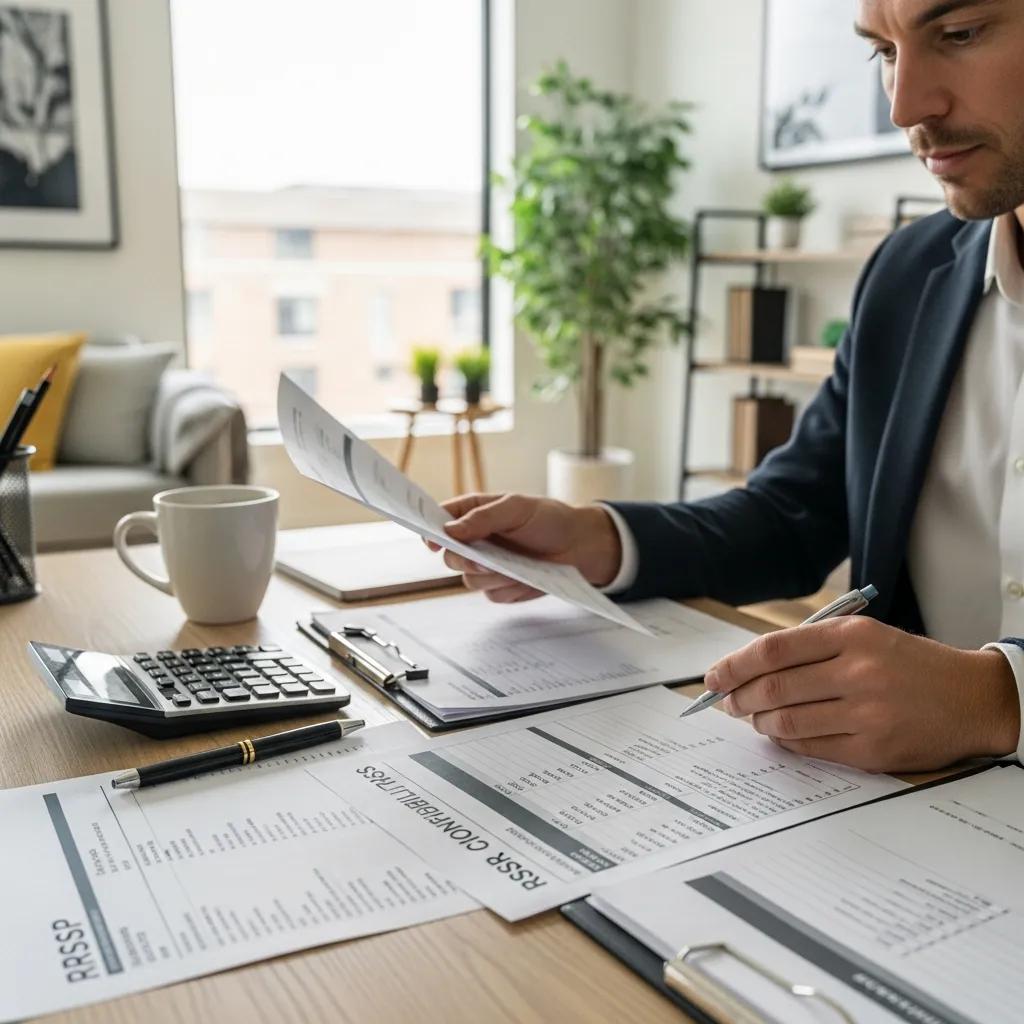 Man reviewing RRSP contribution limits and financial documents in a modern home office, with a calculator and coffee cup on the desk.