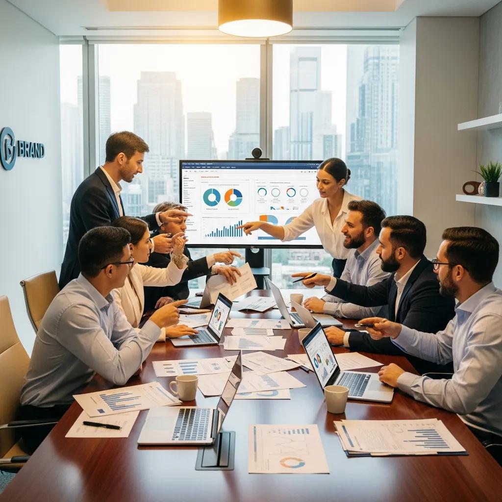 Professionals discussing tax-efficient wealth planning strategies in a modern conference room, analyzing graphs and charts on a screen, with laptops and documents on the table.