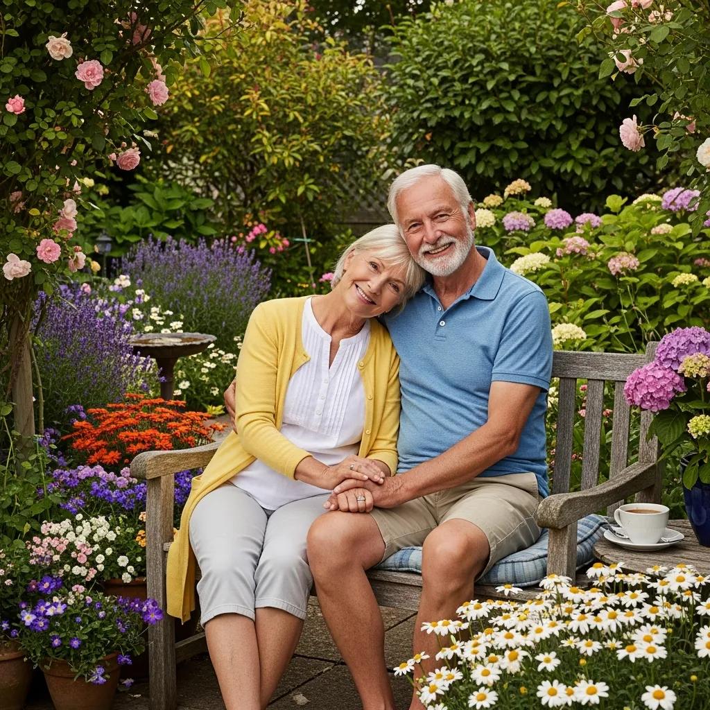 Retired couple enjoying a peaceful moment in their garden, symbolizing financial security and a fulfilling retirement