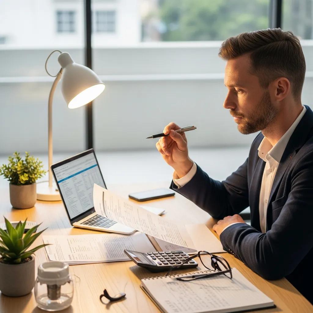 Man in a suit reviewing tax documents and financial strategies at a desk with a laptop, calculator, and plant, emphasizing tax-conscious planning for tech entrepreneurs.