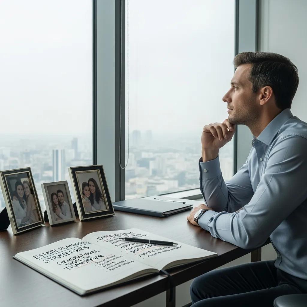 Tech executive contemplating legacy planning strategies in a high-rise office, with family photos and an open notebook displaying estate planning notes.