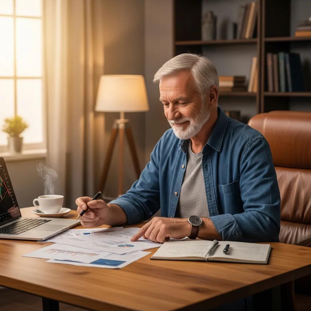 Thoughtful retiree reviewing financial documents in a cozy home office, emphasizing the importance of planning for retirement income