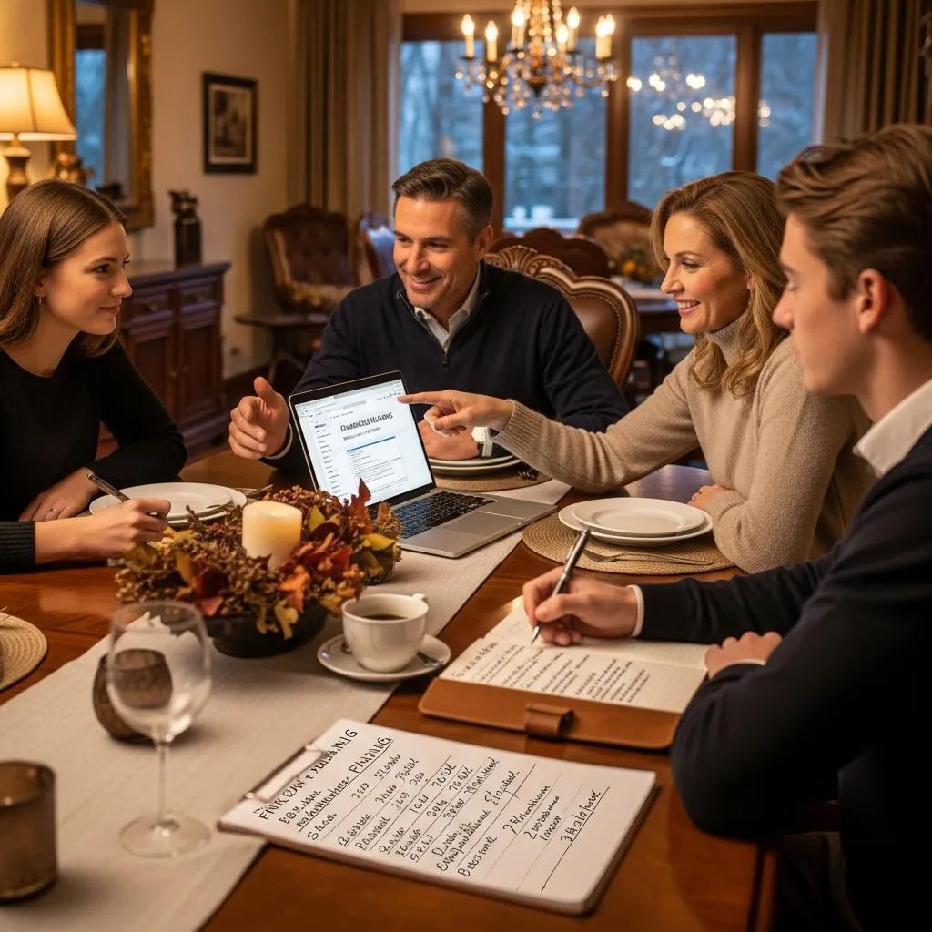 Wealthy Canadian family discussing budgeting strategies at a dining table with a laptop and notepad