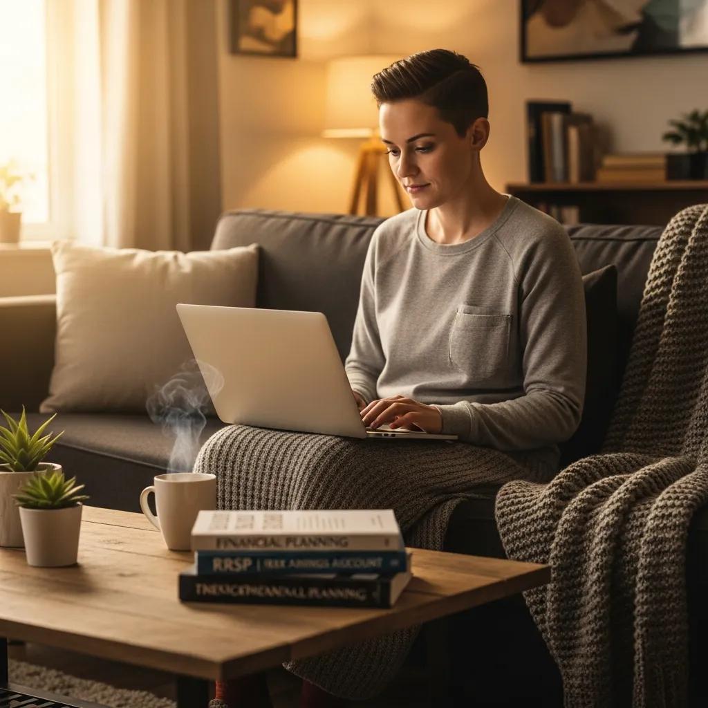 Young professional researching RRSP and TFSA options on a laptop in a cozy living room, with books on financial planning and a steaming cup of coffee on the table.