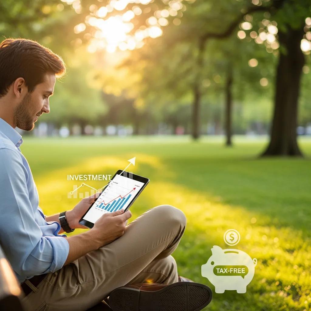Young professional reviewing investment portfolio on tablet in park, illustrating tax-free savings account benefits and financial growth strategies.