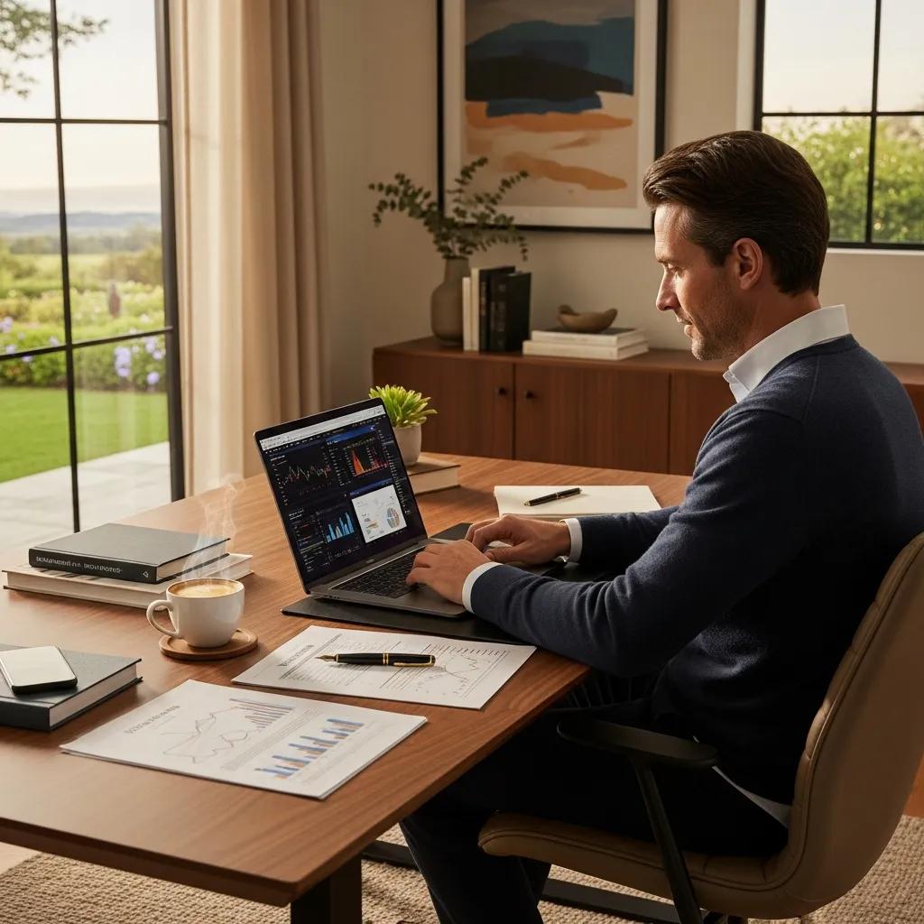 Cozy home office scene with a high-income individual planning finances