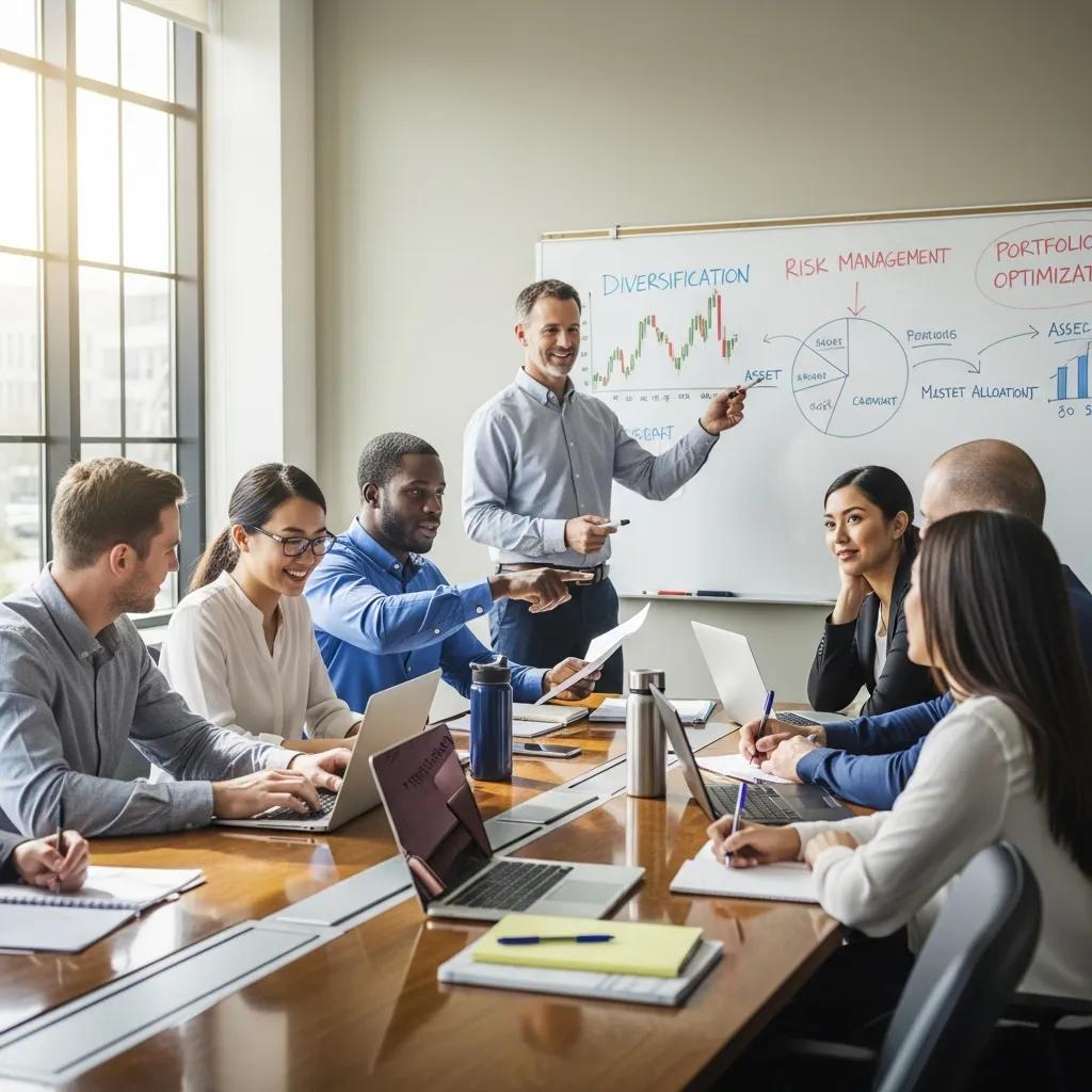 Diverse professionals engaged in a wealth management course in a modern classroom