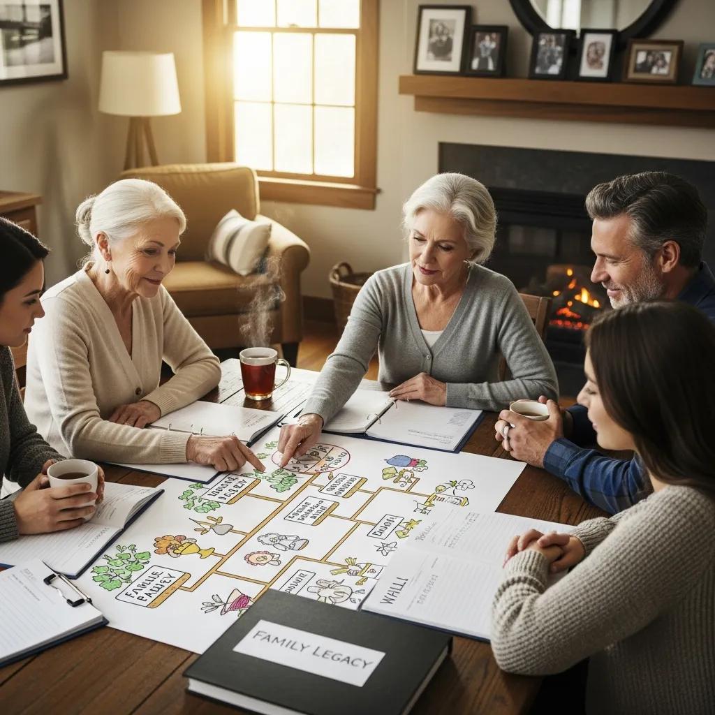 Family discussing legacy planning around a table