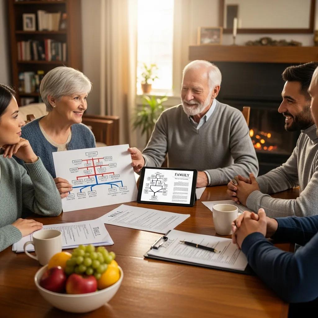 Family discussing legacy planning strategies around a table, highlighting the importance of financial education