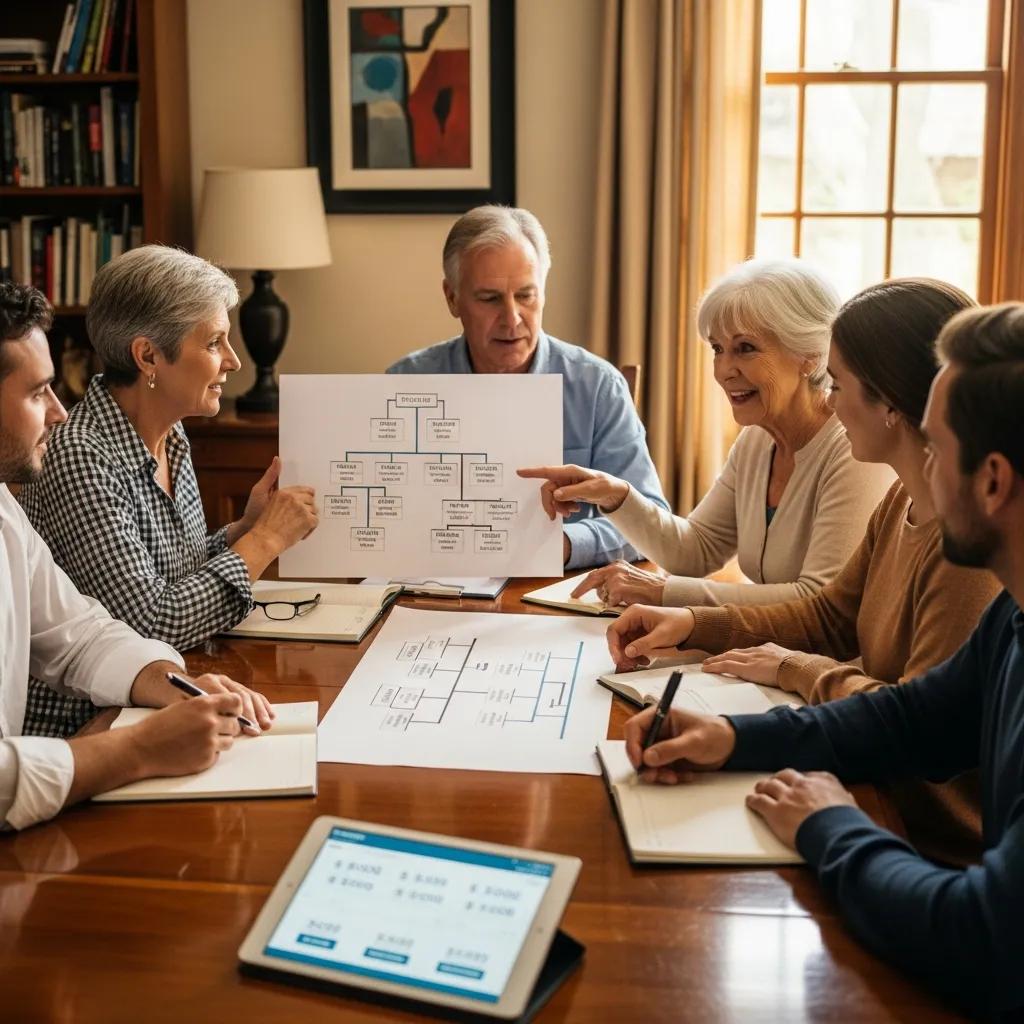 Family discussing legacy planning with documents and a family tree diagram