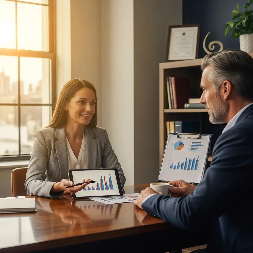 Financial advisor consulting with a client on wealth management strategies in a cozy office
